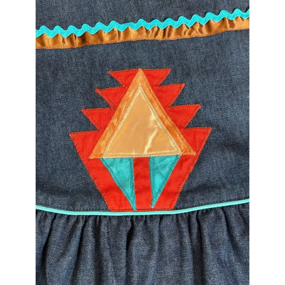 Vintage Handmade Southwest Denim Skirt Tiered Ruffle Hem‎ Abstract Art Appliqué